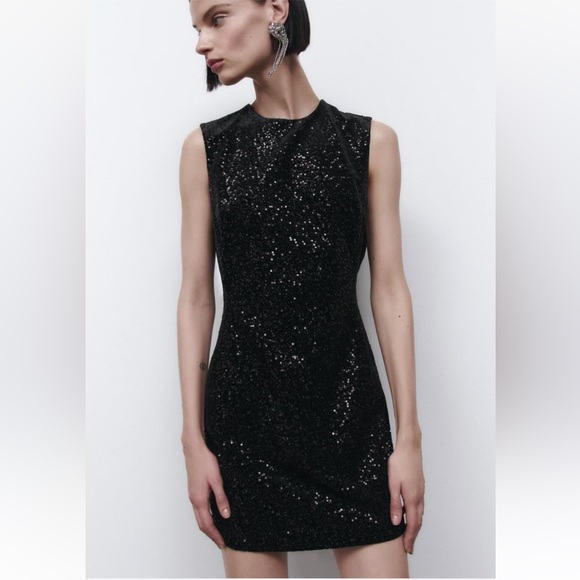 NWT ZARA SHORT SEQUINS SLEEVELESS  DRESS SIZE M BLACK NWT - Picture 2 of 7